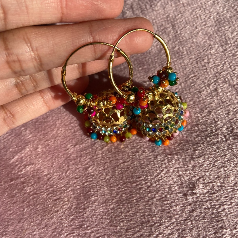 Colorful Fun Beaded Gold Jhumka Hoop Indian Earrings Party Wear Jewelry Punjabi
